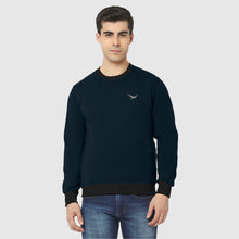 Hiflyers Men Slim Fit Cotrast Rib Cotton Fleece Round Neck Sweatshirt -Navy