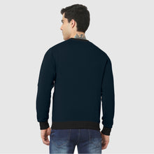 Hiflyers Men Slim Fit Cotrast Rib Cotton Fleece Round Neck Sweatshirt -Navy