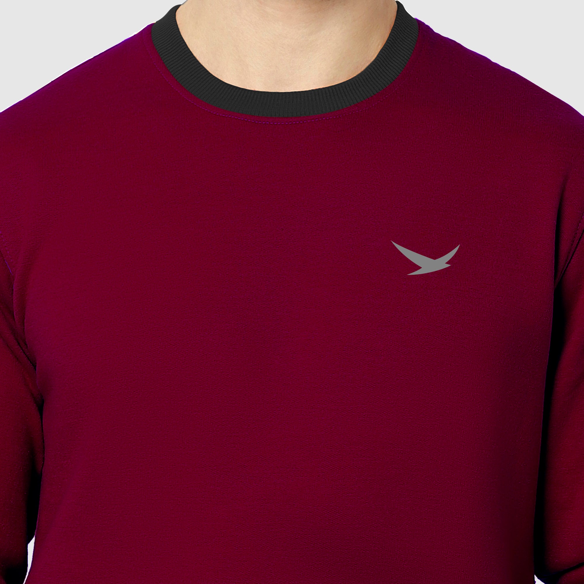 Hiflyers Men Slim Fit Cotrast Rib Cotton Fleece Round Neck Sweatshirt -Maroon