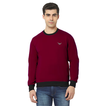 Hiflyers Men Slim Fit Cotrast Rib Cotton Fleece Round Neck Sweatshirt -Maroon