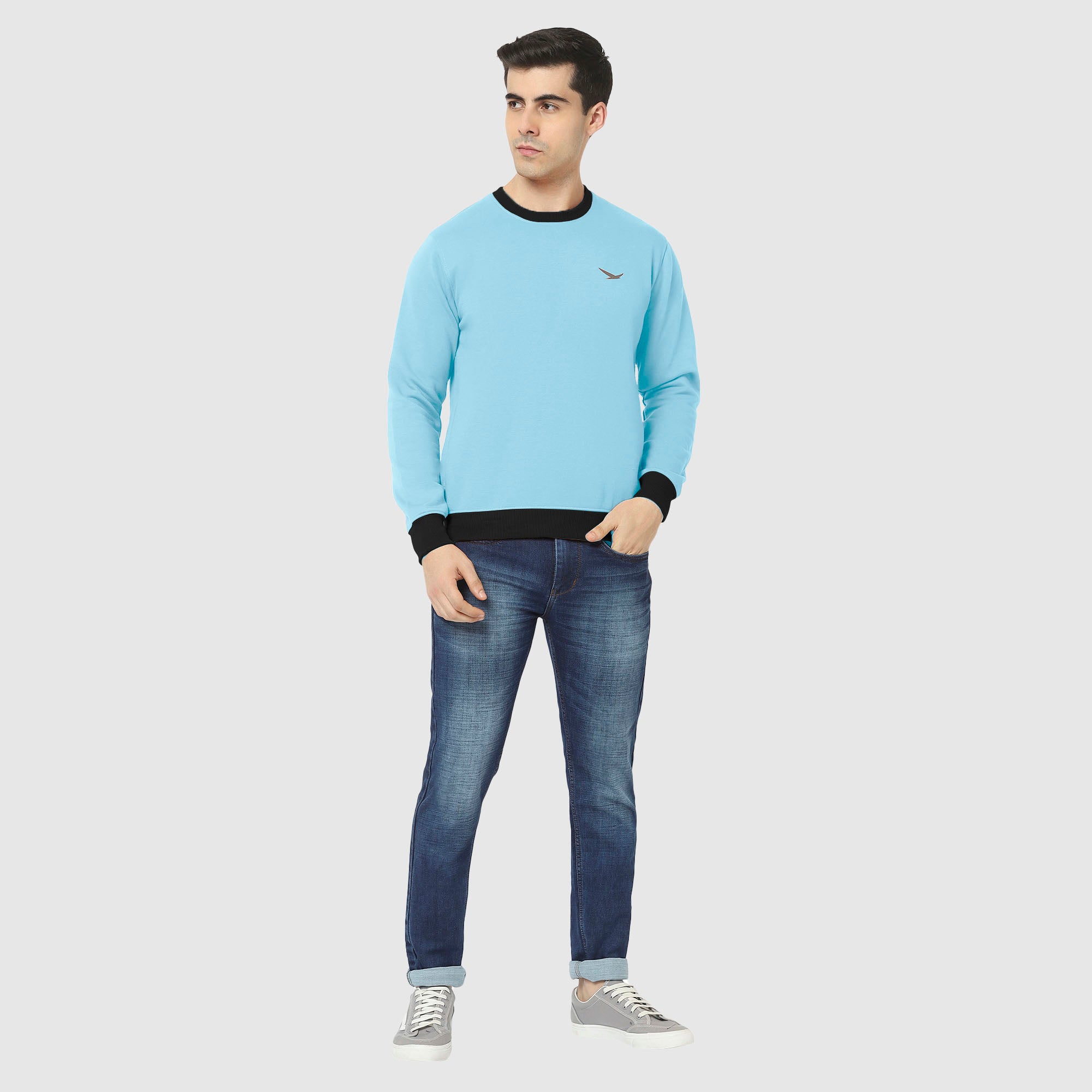 Hiflyers Men Slim Fit Cotrast Rib Cotton Fleece Round Neck Sweatshirt -Sky Blue