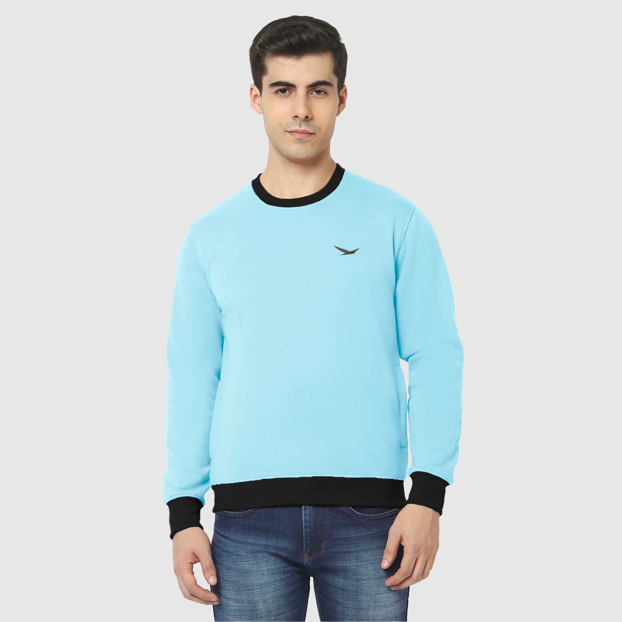 Hiflyers Men Slim Fit Cotrast Rib Cotton Fleece Round Neck Sweatshirt -Sky Blue