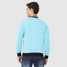 Hiflyers Men Slim Fit Cotrast Rib Cotton Fleece Round Neck Sweatshirt -Sky Blue