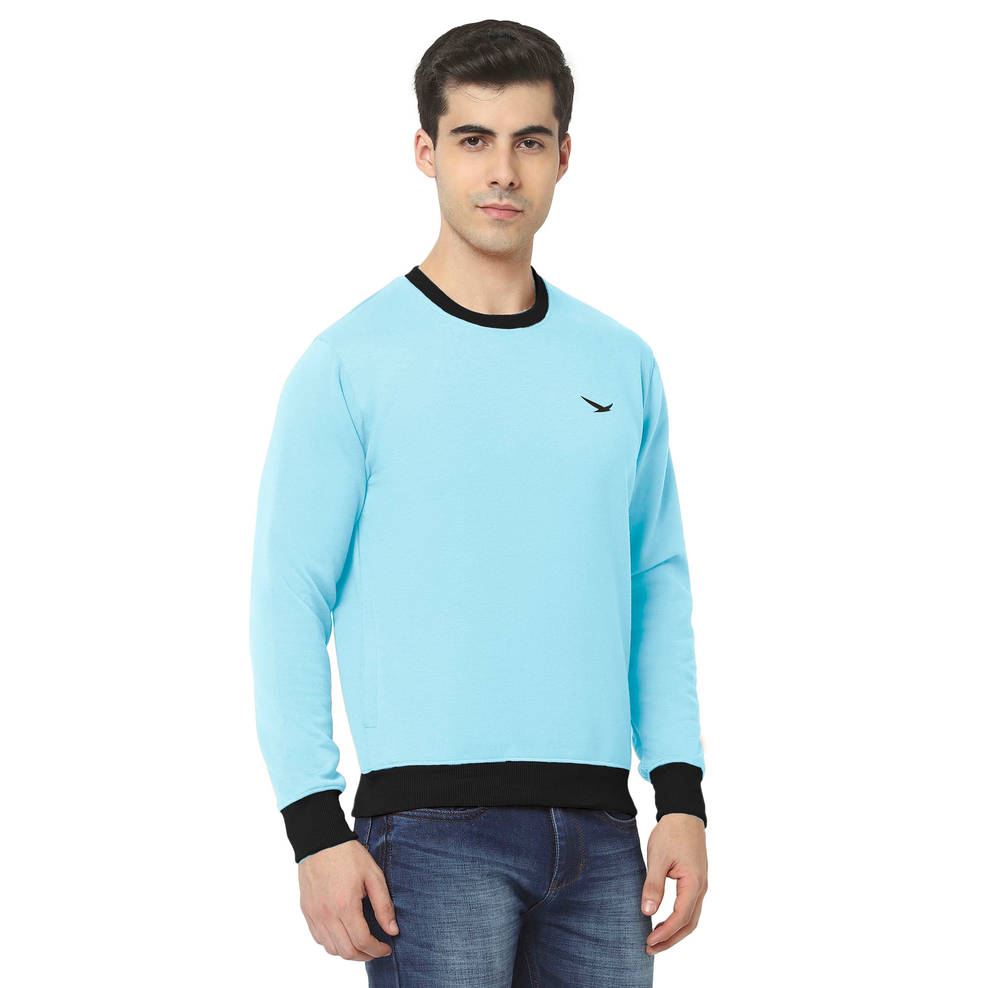 Hiflyers Men Slim Fit Cotrast Rib Cotton Fleece Round Neck Sweatshirt -Sky Blue