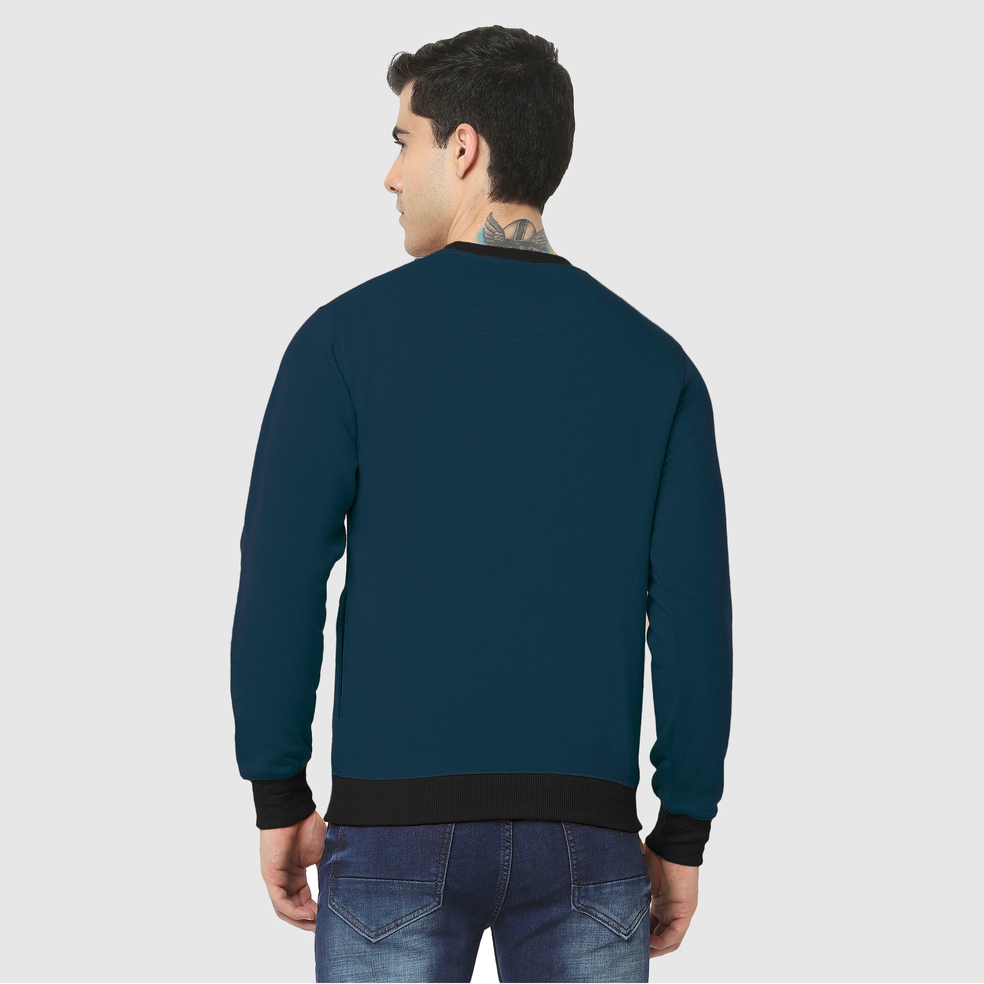 Hiflyers Men Slim Fit Cotrast Rib Cotton Fleece Round Neck Sweatshirt -Airforce