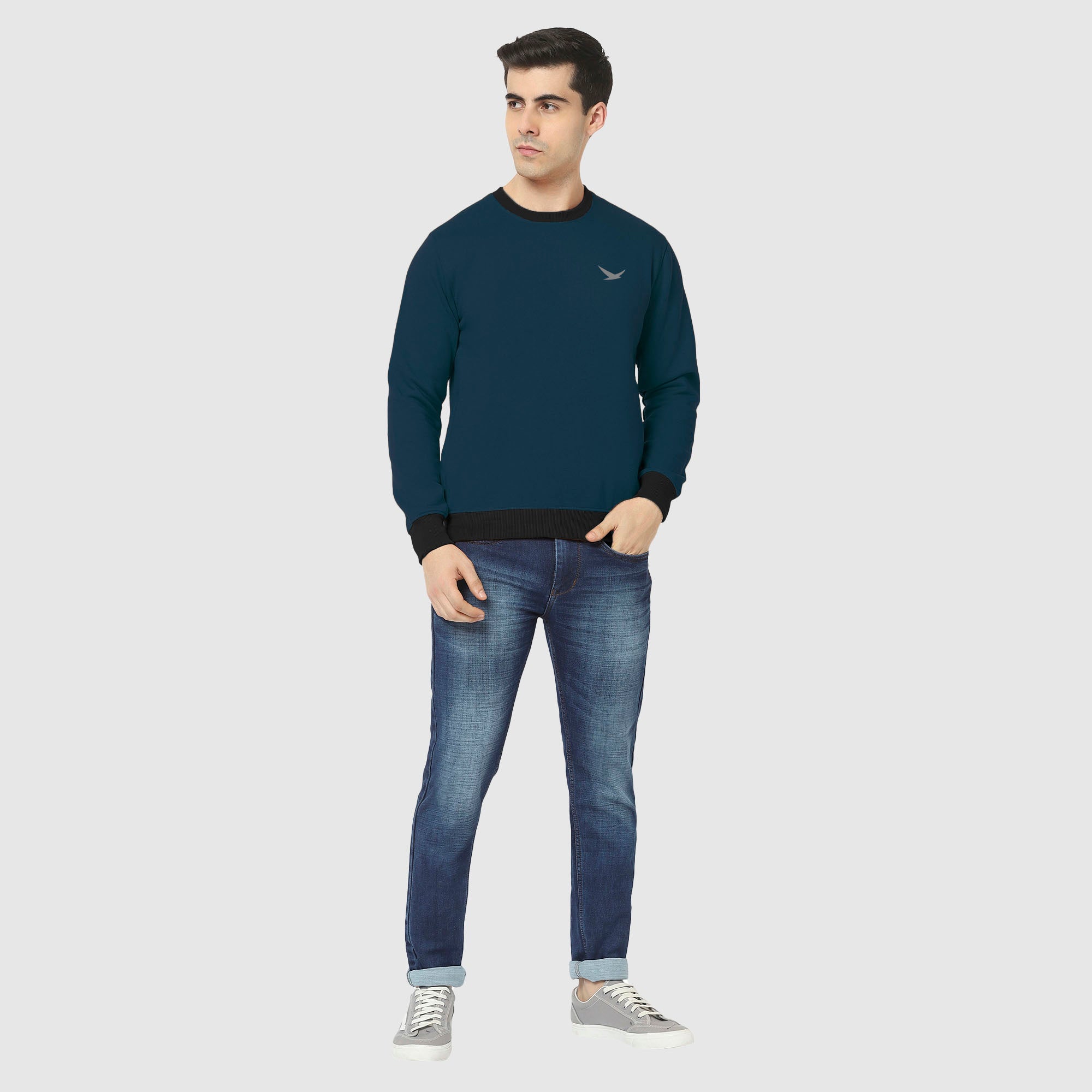 Hiflyers Men Slim Fit Cotrast Rib Cotton Fleece Round Neck Sweatshirt -Airforce