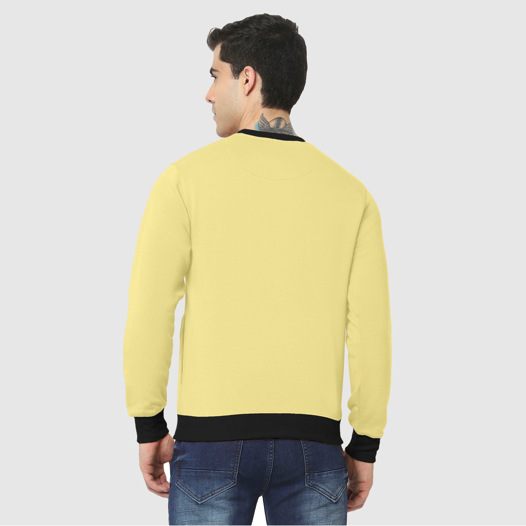 Hiflyers Men Slim Fit Cotrast Rib Cotton Fleece Round Neck Sweatshirt -Yellow