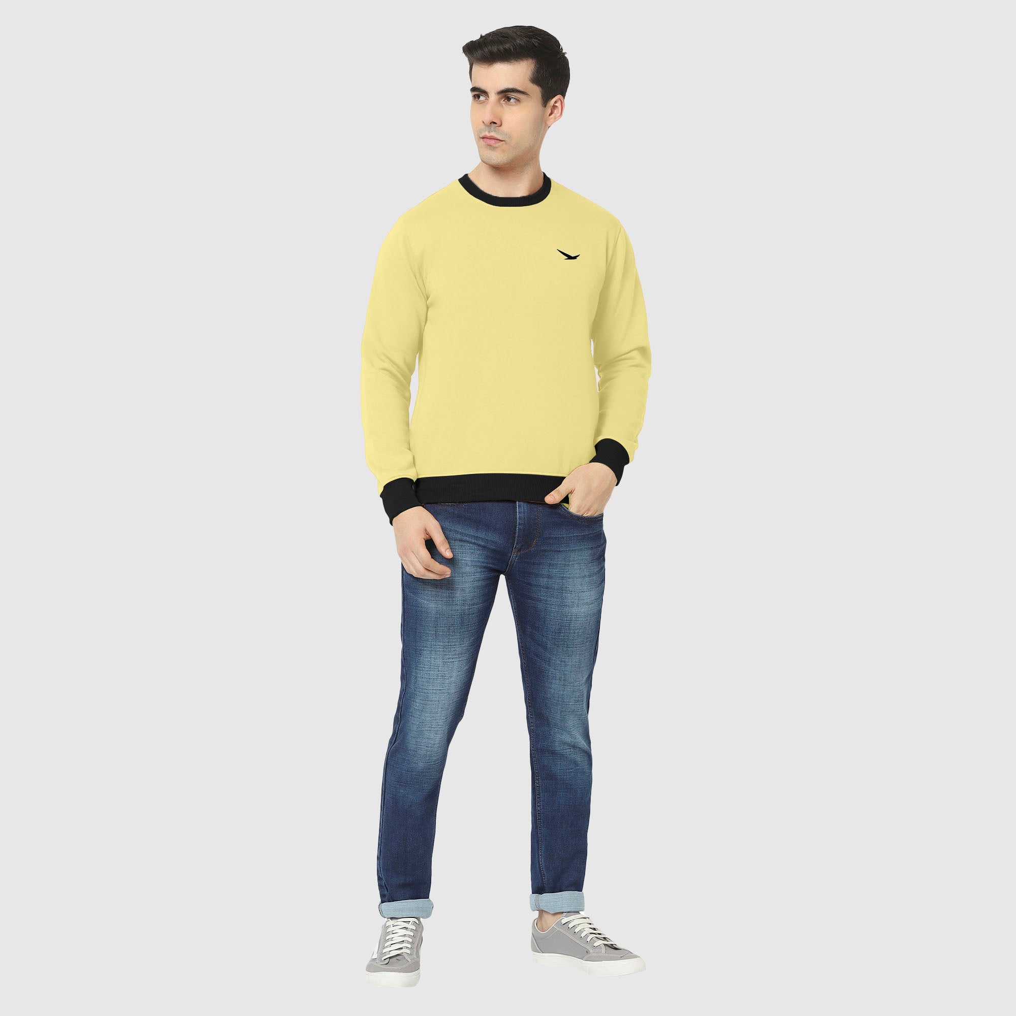 Hiflyers Men Slim Fit Cotrast Rib Cotton Fleece Round Neck Sweatshirt -Yellow