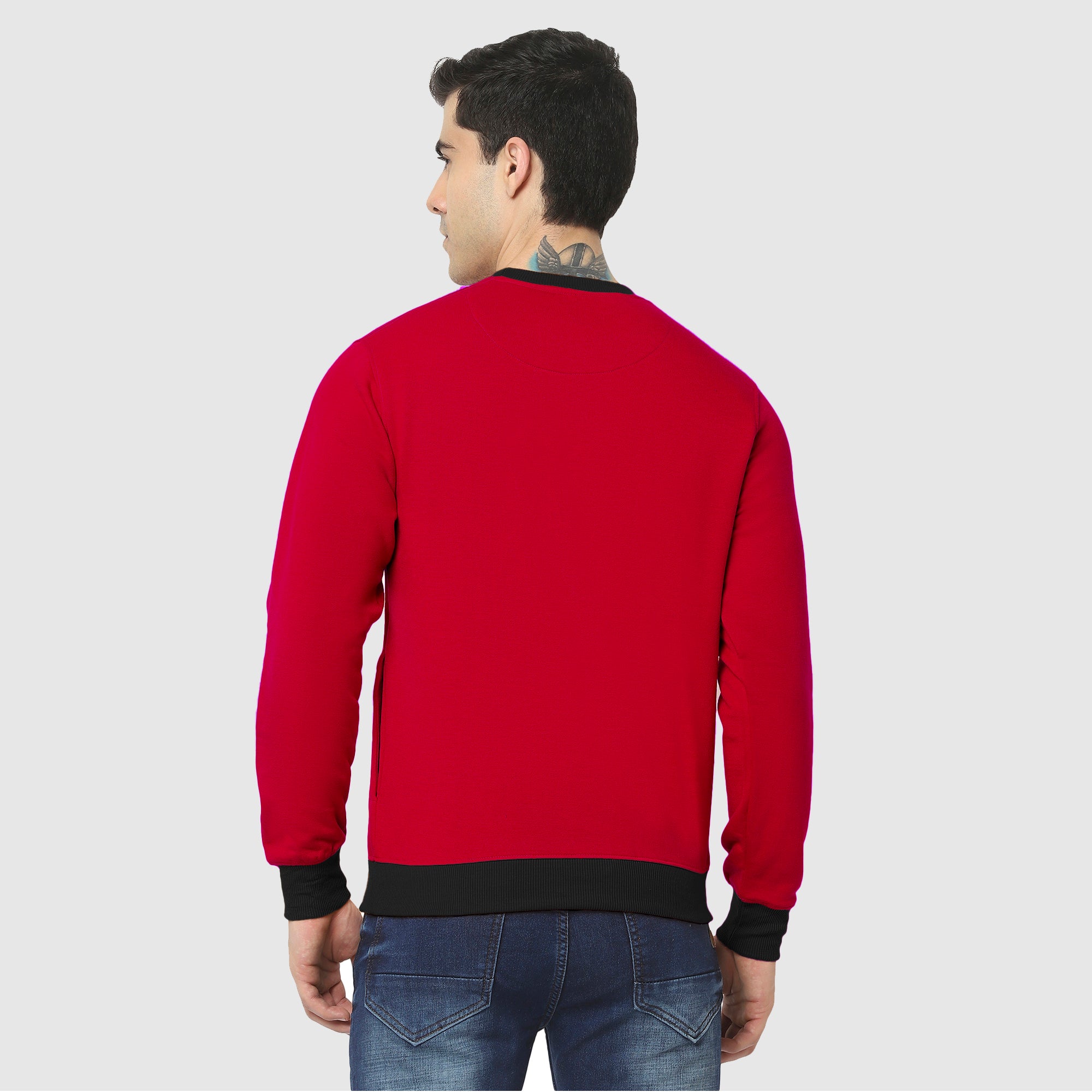 Hiflyers Men Slim Fit Cotrast Rib Cotton Fleece Round Neck Sweatshirt -Red