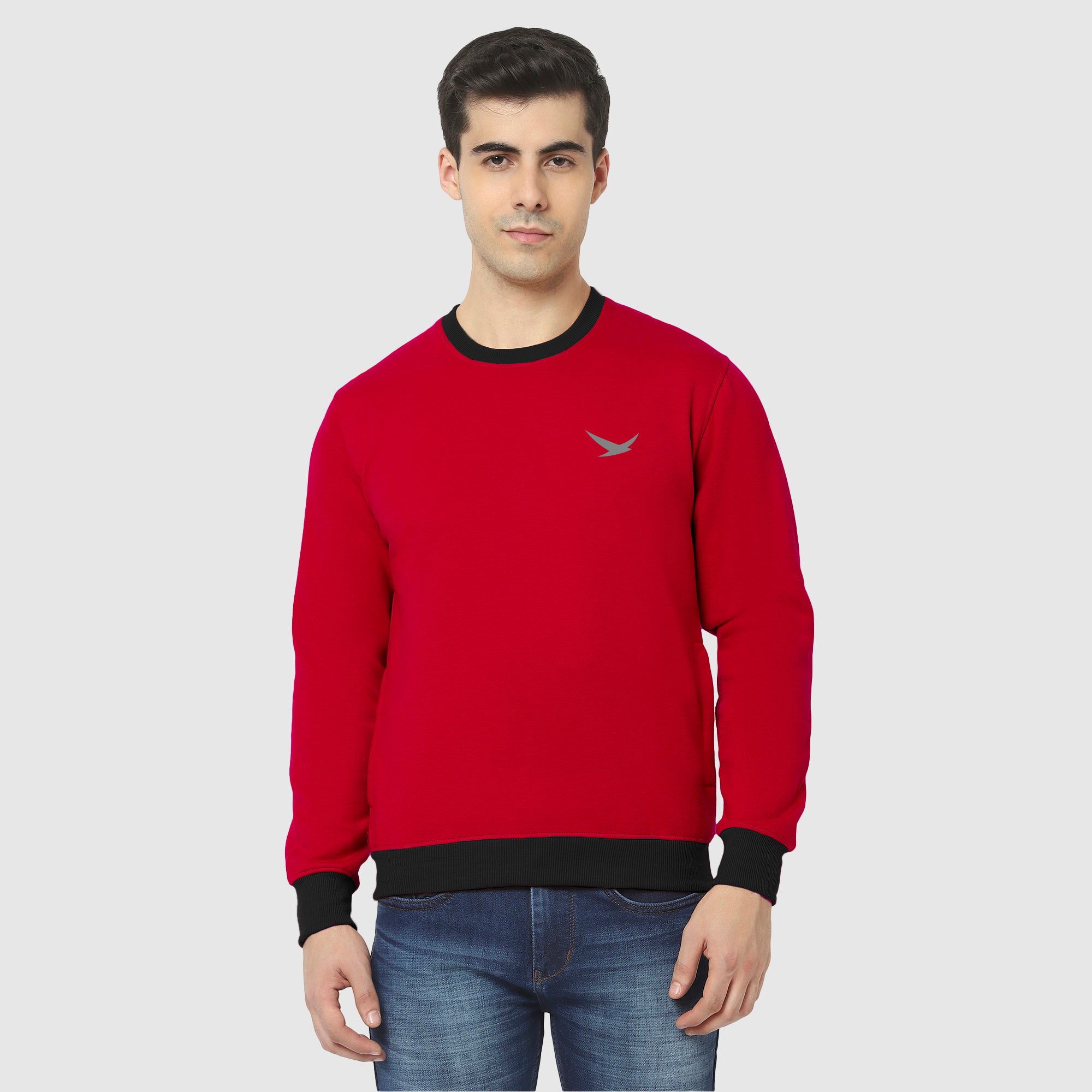 Hiflyers Men Slim Fit Cotrast Rib Cotton Fleece Round Neck Sweatshirt -Red