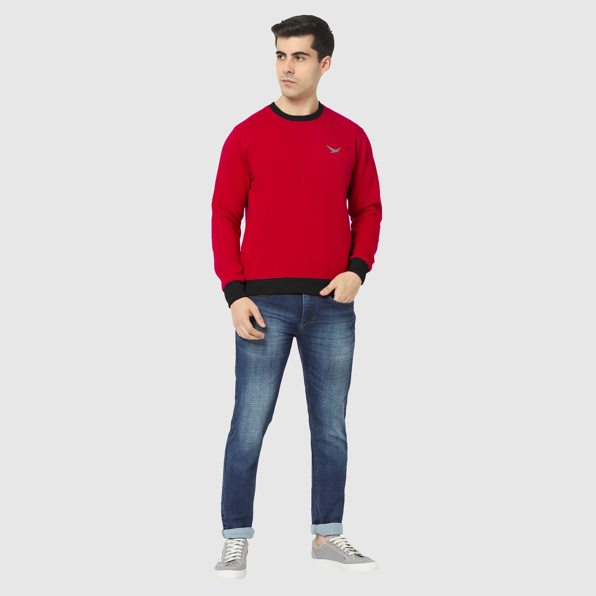 Hiflyers Men Slim Fit Cotrast Rib Cotton Fleece Round Neck Sweatshirt -Red