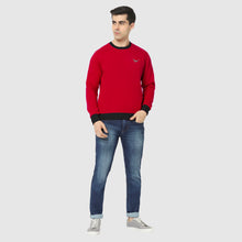 Hiflyers Men Slim Fit Cotrast Rib Cotton Fleece Round Neck Sweatshirt -Red