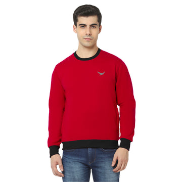 Hiflyers Men Slim Fit Cotrast Rib Cotton Fleece Round Neck Sweatshirt -Red