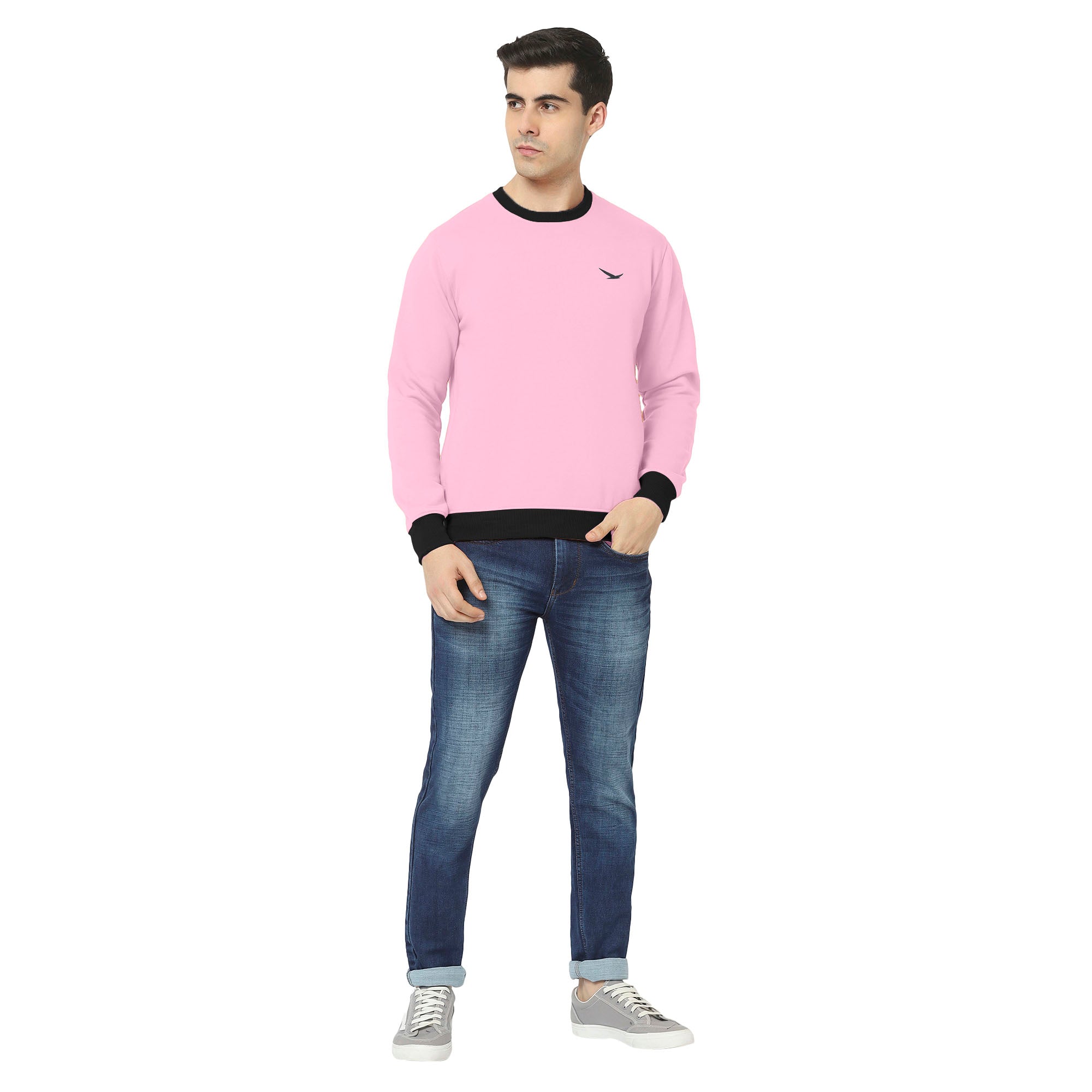 Hiflyers Men Slim Fit Cotrast Rib Cotton Fleece Round Neck Sweatshirt -Pink