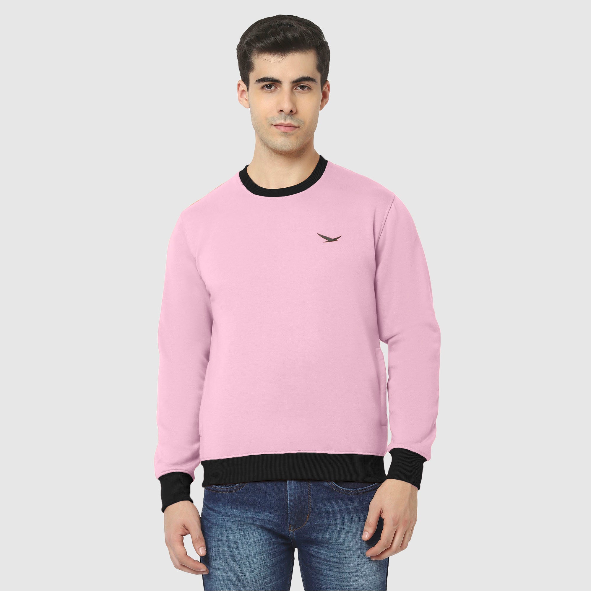 Hiflyers Men Slim Fit Cotrast Rib Cotton Fleece Round Neck Sweatshirt -Pink