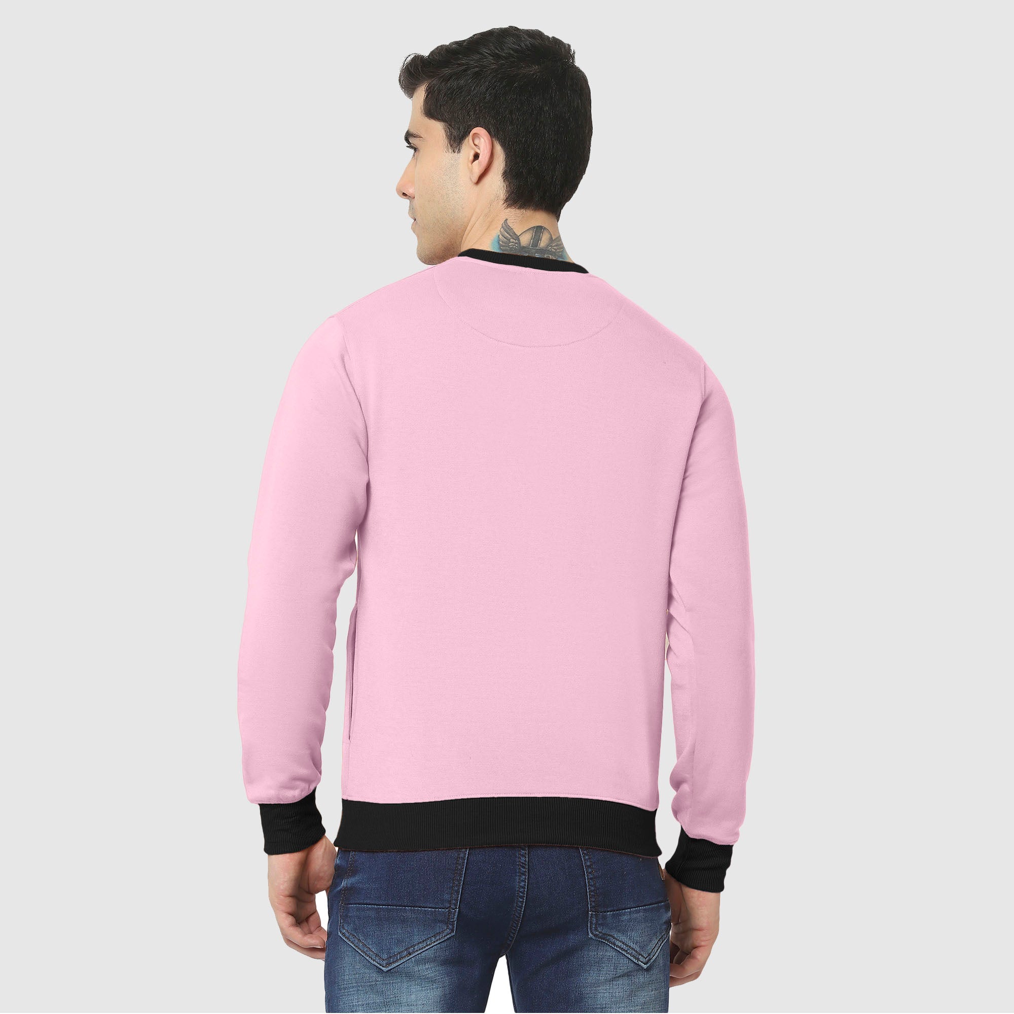 Hiflyers Men Slim Fit Cotrast Rib Cotton Fleece Round Neck Sweatshirt -Pink