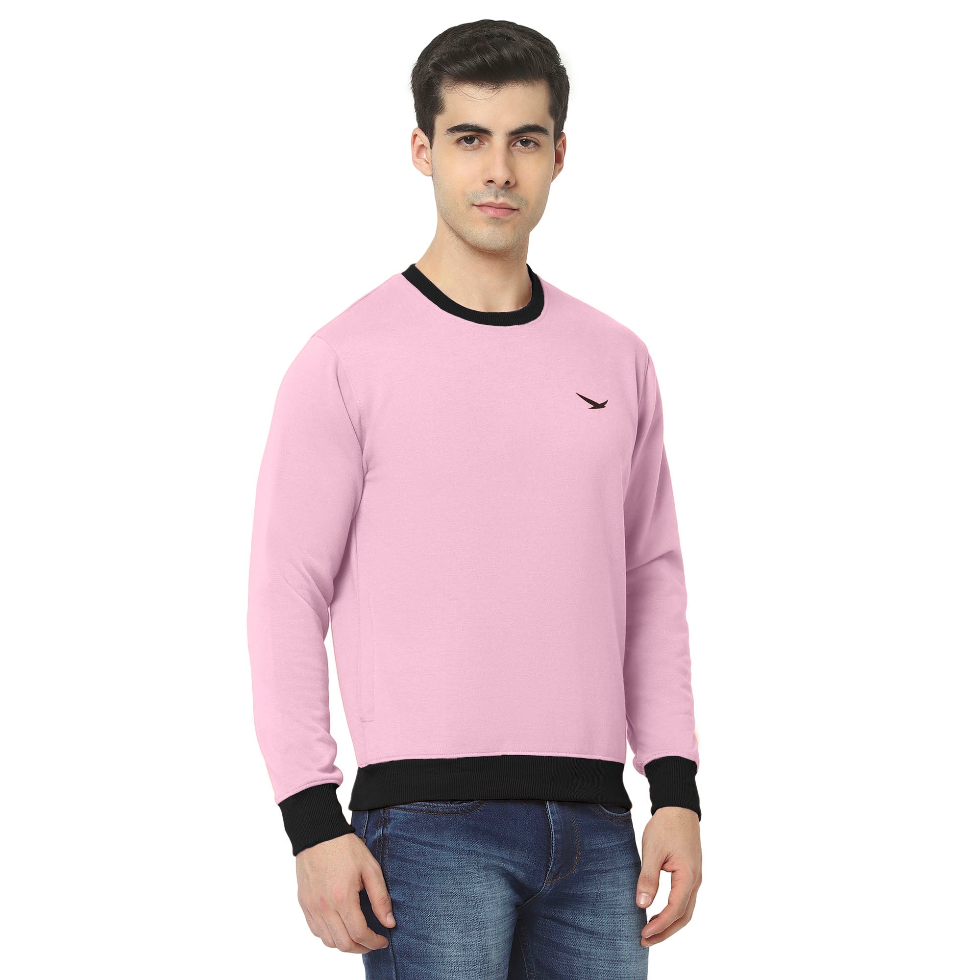 Hiflyers Men Slim Fit Cotrast Rib Cotton Fleece Round Neck Sweatshirt -Pink