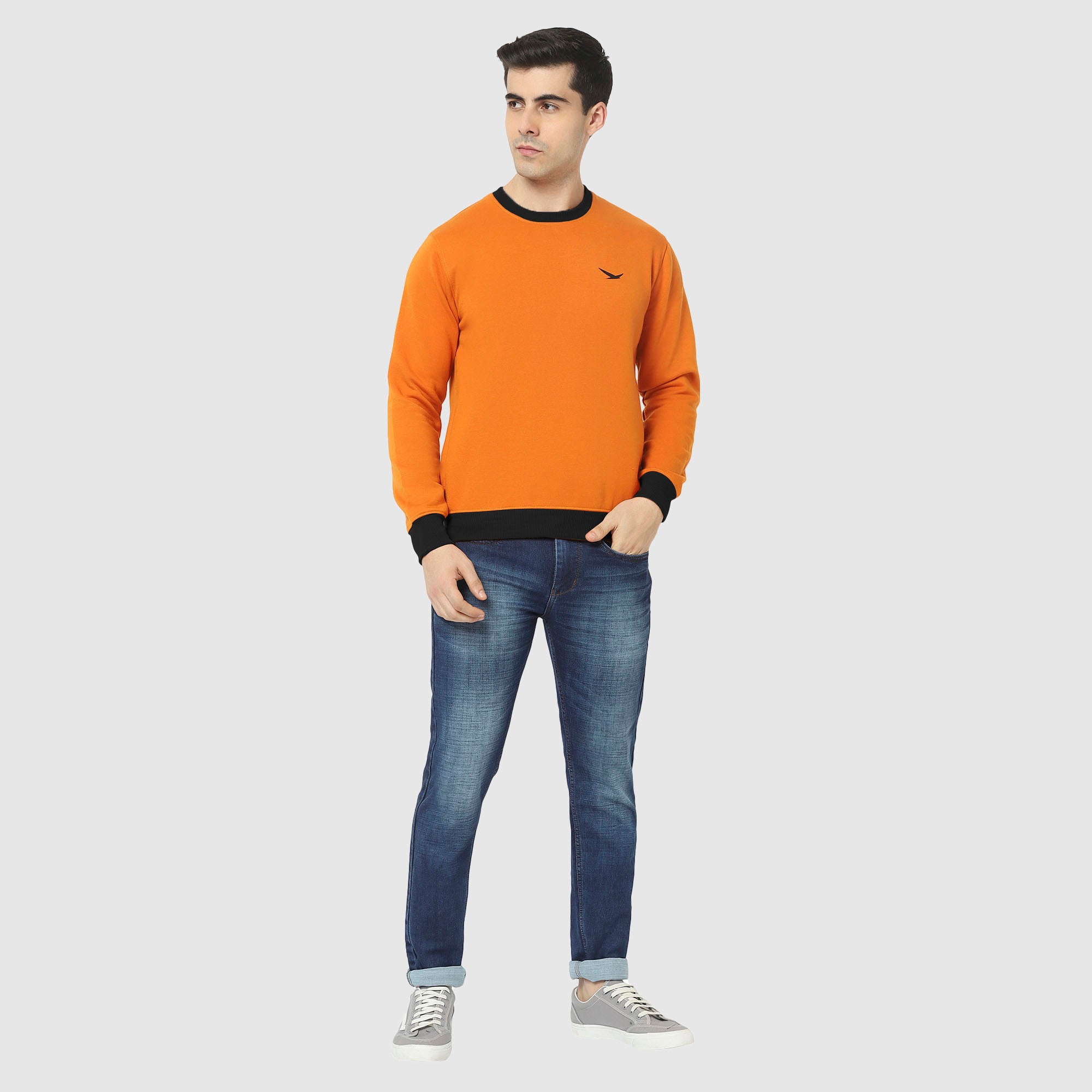 Hiflyers Men Slim Fit Cotrast Rib Cotton Fleece Round Neck Sweatshirt -Orange