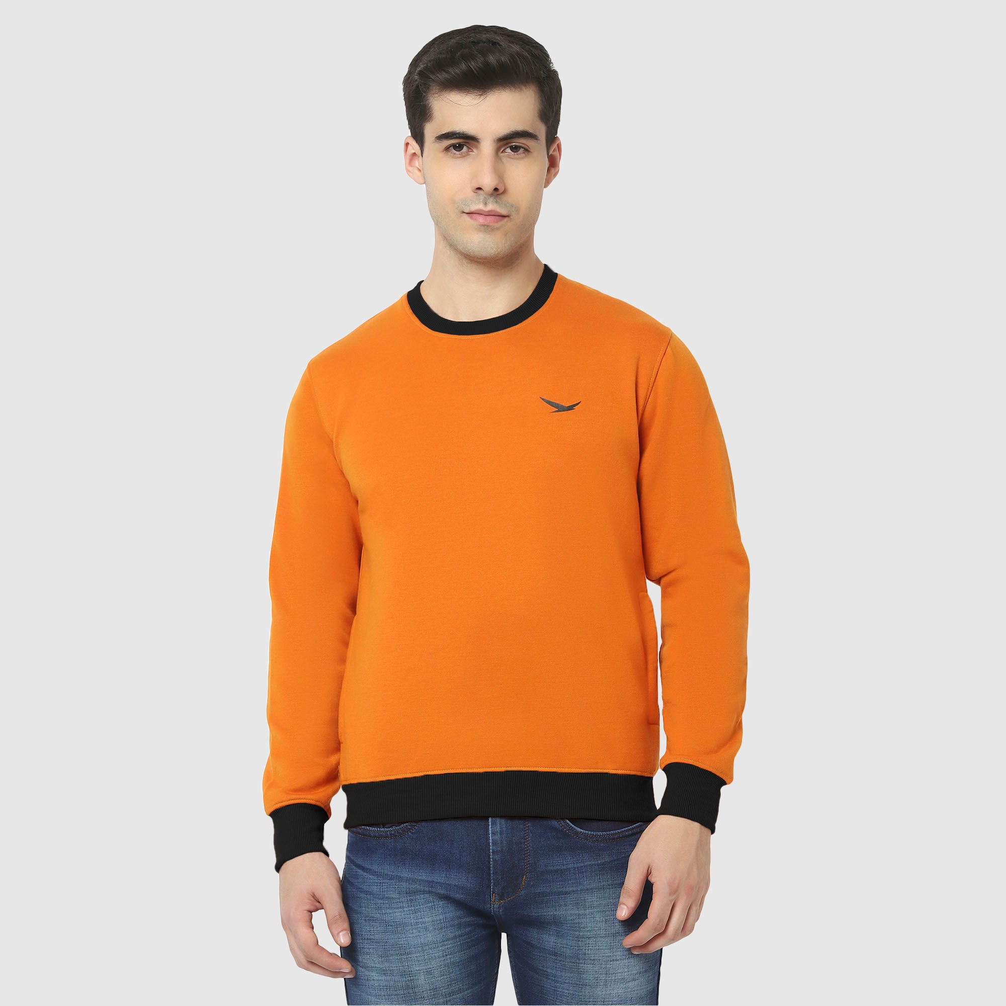 Hiflyers Men Slim Fit Cotrast Rib Cotton Fleece Round Neck Sweatshirt -Orange