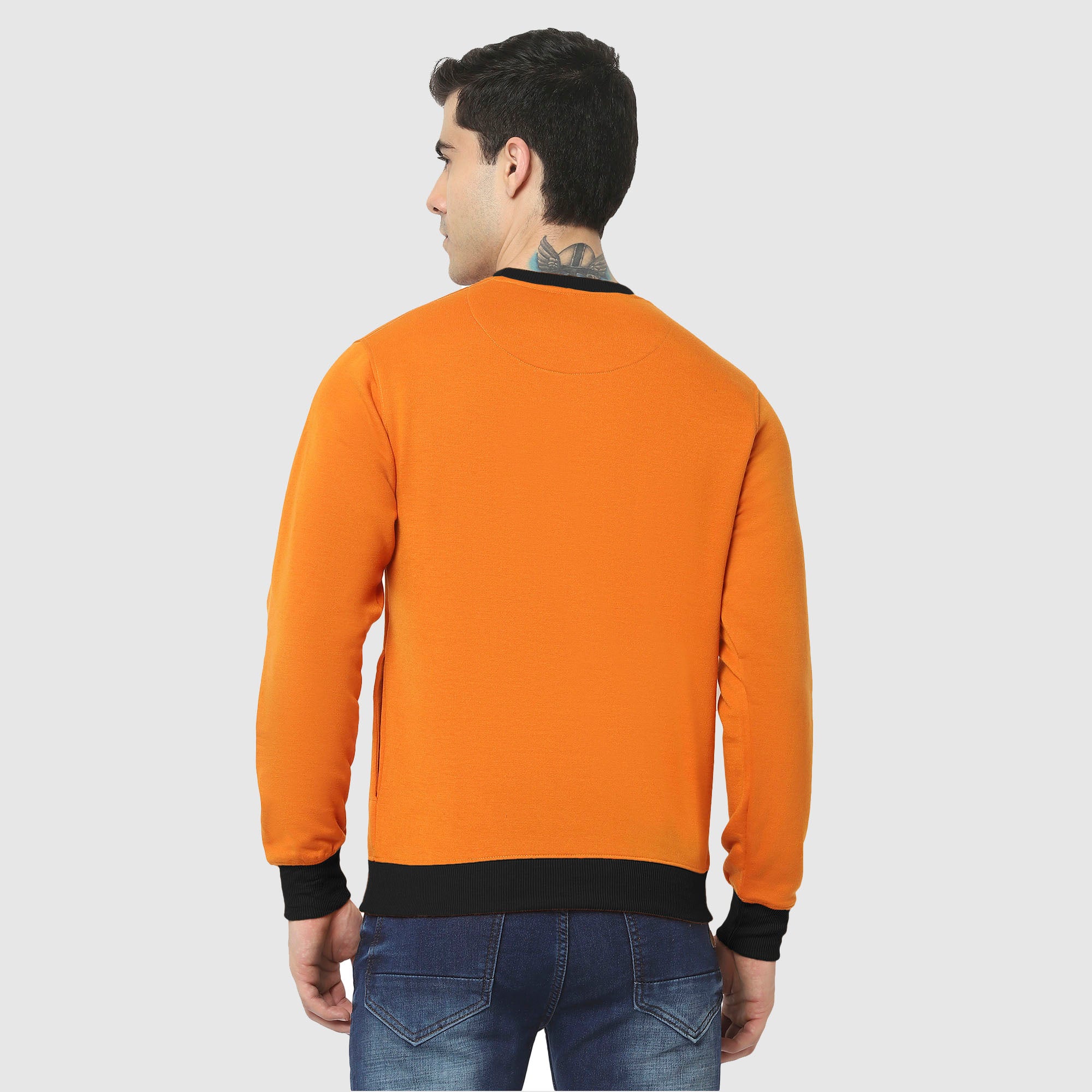 Hiflyers Men Slim Fit Cotrast Rib Cotton Fleece Round Neck Sweatshirt -Orange