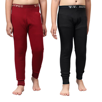 T.T. Boys & Girls |Slim Fit| Cotton Fleece |Top Elastic|Trendy Winter Wear|Dyed Thermal Trouser Pack Of 2-Red::Black