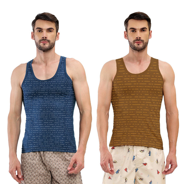 T.T. Men|Titanic Dyed Printed|Pure Cotton Printed Vest For Men|Printed Dyed Vest|Pack Of 2|Navy::Brown