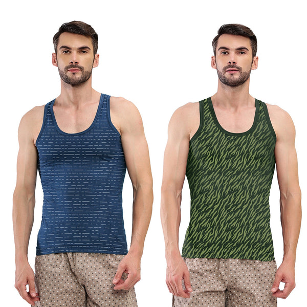 T.T. Men|Titanic Dyed Printed|Pure Cotton Printed Vest For Men|Printed Dyed Vest|Pack Of 2|Green::Navy
