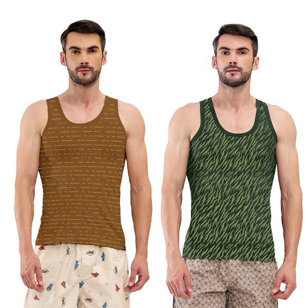 T.T. Men|Titanic Dyed Printed|Pure Cotton Printed Vest For Men|Printed Dyed Vest|Pack Of 2|Green::Brown
