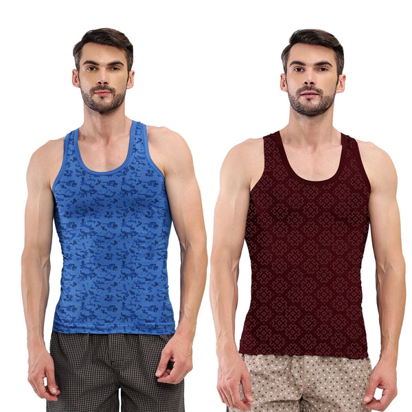 T.T. Men|Titanic Dyed Printed|Pure Cotton Printed Vest For Men|Printed Dyed Vest|Pack Of 2|Blue::Maroon