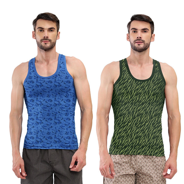 T.T. Men|Titanic Dyed Printed|Pure Cotton Printed Vest For Men|Printed Dyed Vest|Pack Of 2|Blue::Green