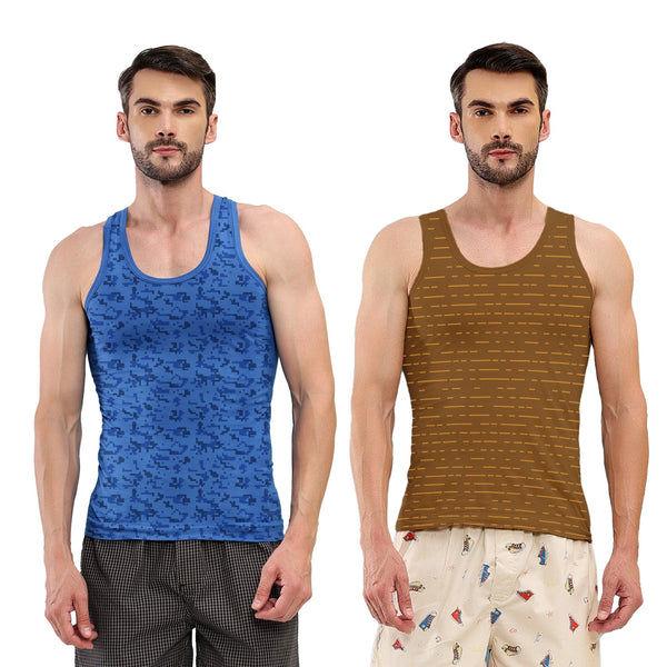 T.T. Men|Titanic Dyed Printed|Pure Cotton Printed Vest For Men|Printed Dyed Vest|Pack Of 2|Blue::Brown