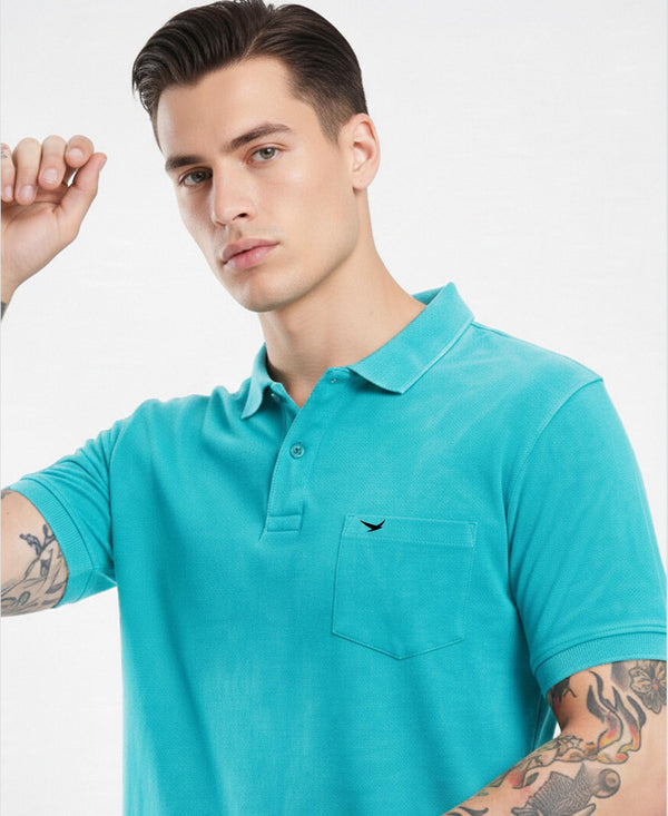 Hiflyers Men'S|Cotton Blend Pique Polo T-Shirt With Chest Pocket|Regular Fit Half Sleeve|Comfortable Smart Casual Wear||Aqua