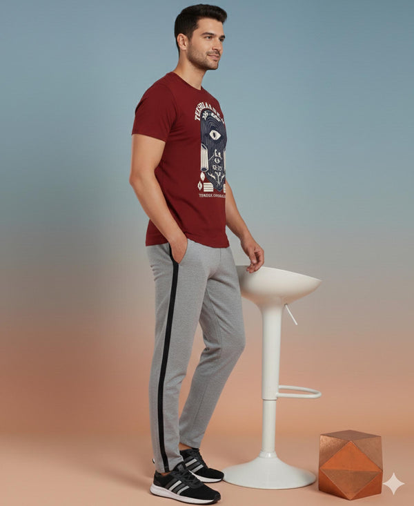 T.T. Men’s Printed Cotton Blend | Graphic Round Neck T-Shirt & Slim Fit Track Pants | Casual Co-ord Set for Men