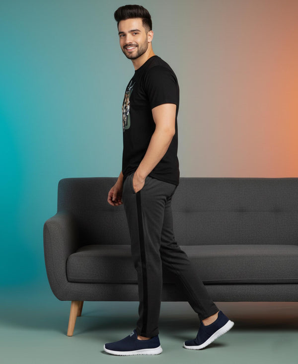 T.T. Men’s Printed Cotton Blend | Graphic Round Neck T-Shirt & Slim Fit Track Pants | Casual Co-ord Set for Men