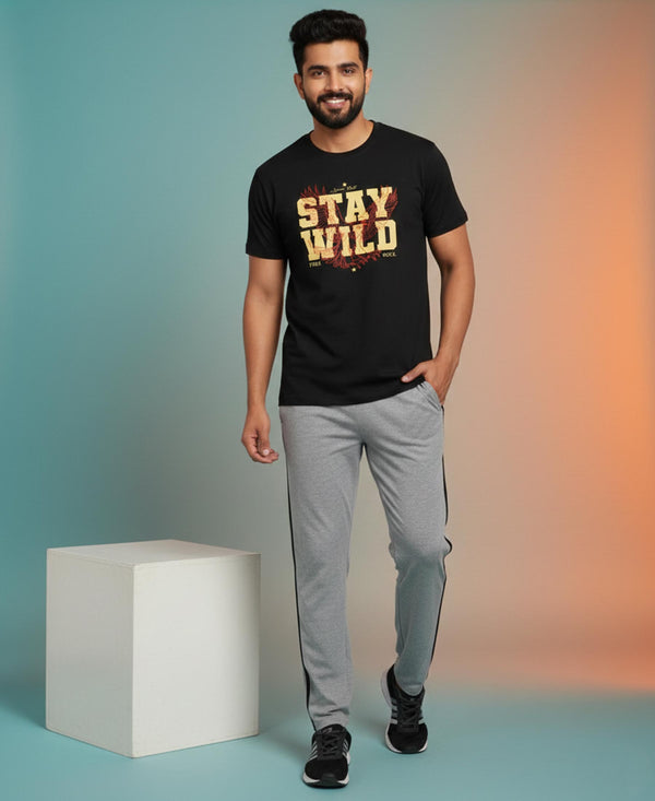 T.T. Men’s Printed Cotton Blend | Graphic Round Neck T-Shirt & Slim Fit Track Pants | Casual Co-ord Set for Men