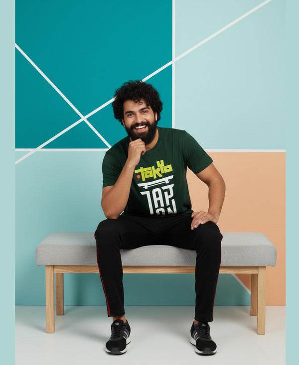 T.T. Men’s Printed Cotton Blend | Graphic Round Neck T-Shirt & Slim Fit Track Pants | Casual Co-ord Set for Men