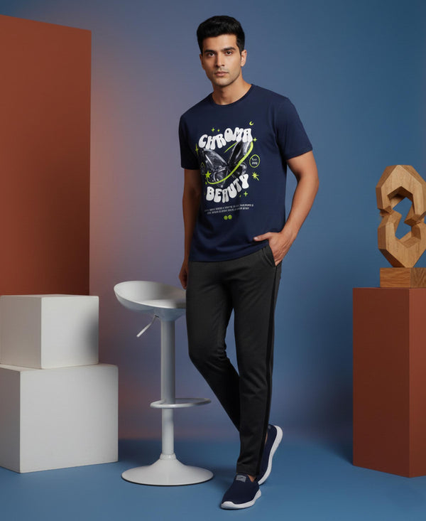 T.T. Men’s Printed Cotton Blend | Graphic Round Neck T-Shirt & Slim Fit Track Pants | Casual Co-ord Set for Men