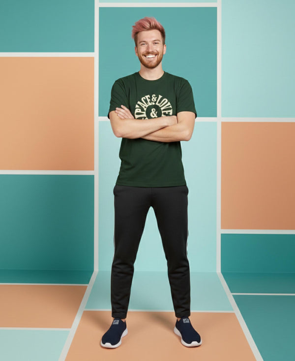 T.T. Men’s Printed Cotton Blend | Graphic Round Neck T-Shirt & Slim Fit Track Pants | Casual Co-ord Set for Men
