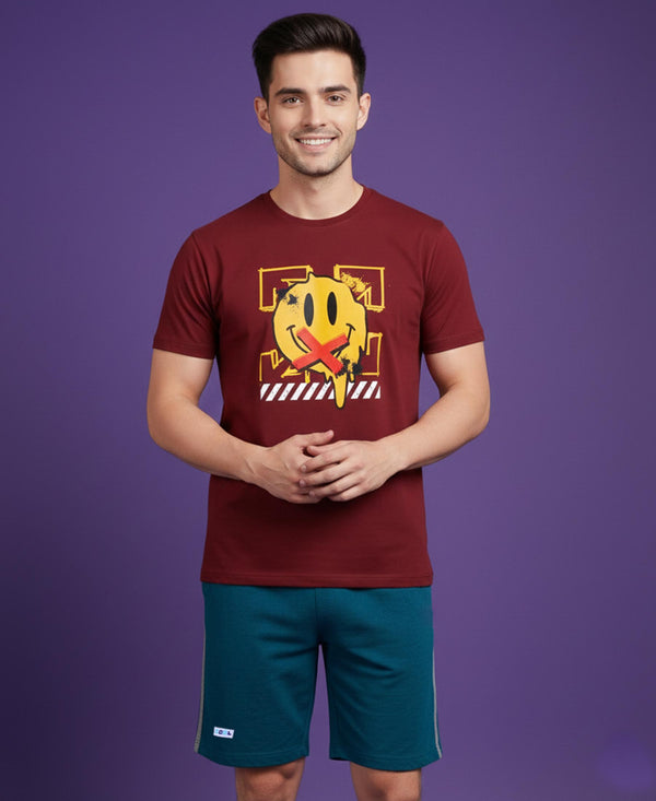 T.T. Men’s Cotton Blend | Printed Round Neck T-Shirt & Regular Fit Shorts | Casual Co-ord Set for Men