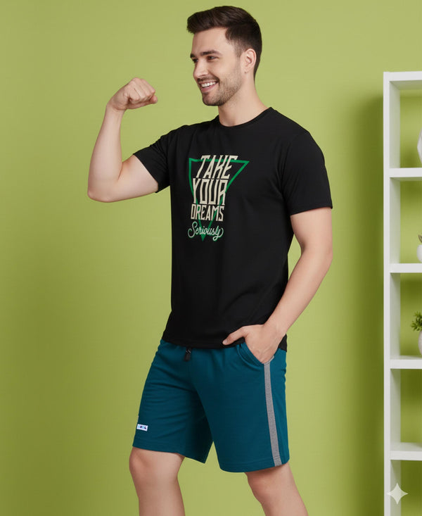 T.T. Men’s Cotton Blend | Printed Round Neck T-Shirt & Regular Fit Shorts | Casual Co-ord Set for Men