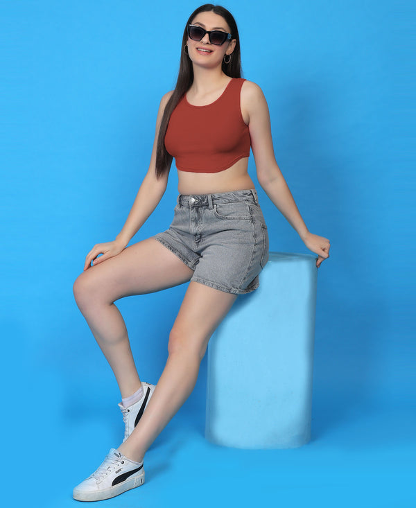 T.T. Women|Ribbed Crop Top|Sleeveless Round Neck Slim Fit Aesthetic Streetwear Top|Stretchable Cotton Fabric|Tshirt|Top||Rust