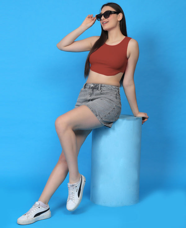 T.T. Women|Ribbed Crop Top|Sleeveless Round Neck Slim Fit Aesthetic Streetwear Top|Stretchable Cotton Fabric|Tshirt|Top||Rust