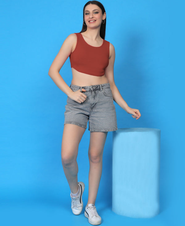 T.T. Women|Ribbed Crop Top|Sleeveless Round Neck Slim Fit Aesthetic Streetwear Top|Stretchable Cotton Fabric|Tshirt|Top||Rust