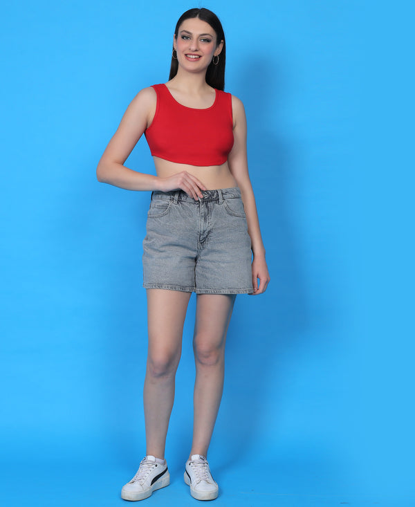 T.T. Women|Ribbed Crop Top|Sleeveless Round Neck Slim Fit Aesthetic Streetwear Top|Stretchable Cotton Fabric|Tshirt|Top||Red