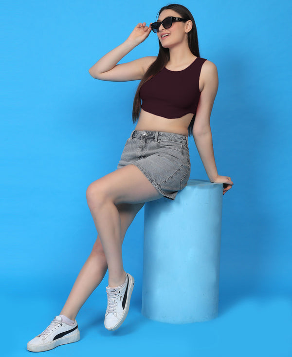 T.T. Women|Ribbed Crop Top|Sleeveless Round Neck Slim Fit Aesthetic Streetwear Top|Stretchable Cotton Fabric|Tshirt|Top||Plum