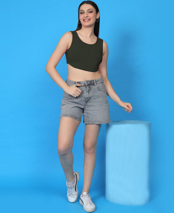 T.T. Women|Ribbed Crop Top|Sleeveless Round Neck Slim Fit Aesthetic Streetwear Top|Stretchable Cotton Fabric|Tshirt|Top||Olive