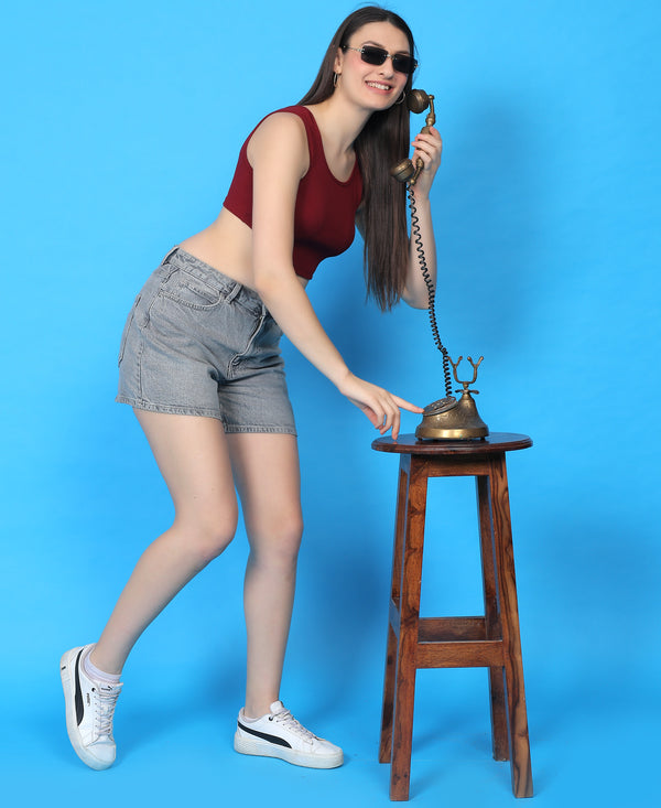 T.T. Women|Ribbed Crop Top|Sleeveless Round Neck Slim Fit Aesthetic Streetwear Top|Stretchable Cotton Fabric|Tshirt|Top||Maroon