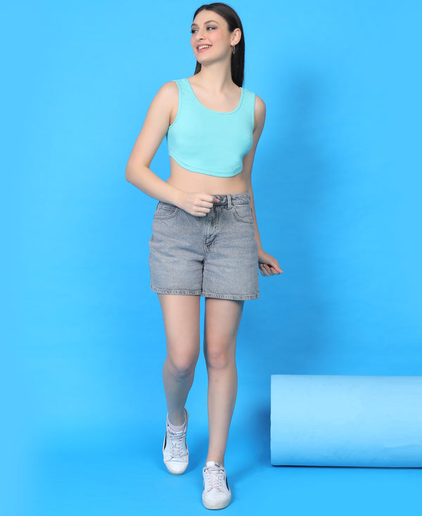 T.T. Women|Ribbed Crop Top|Sleeveless Round Neck Slim Fit Aesthetic Streetwear Top|Stretchable Cotton Fabric|Tshirt|Top||Mint