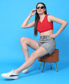 T.T. Women|Ribbed Crop Top|Sleeveless Notch Neck Slim Fit Aesthetic Streetwear Top|Stretchable Cotton Fabric|Tshirt|Top||Red