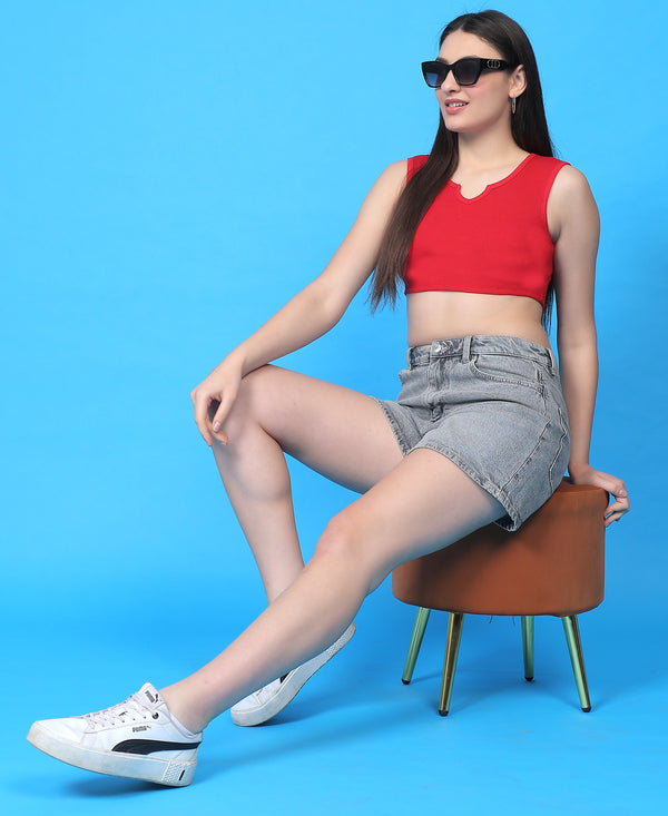 T.T. Women|Ribbed Crop Top|Sleeveless Notch Neck Slim Fit Aesthetic Streetwear Top|Stretchable Cotton Fabric|Tshirt|Top||Red